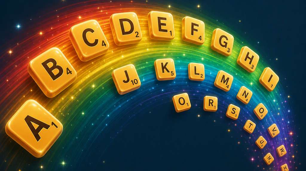Golden Words With Friends letter tiles sweeping across a glowing rainbow arc